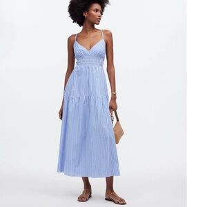 Madewell Empire-Waist Tiered Maxi Dress Blue White Striped Cotton Poplin Size 14